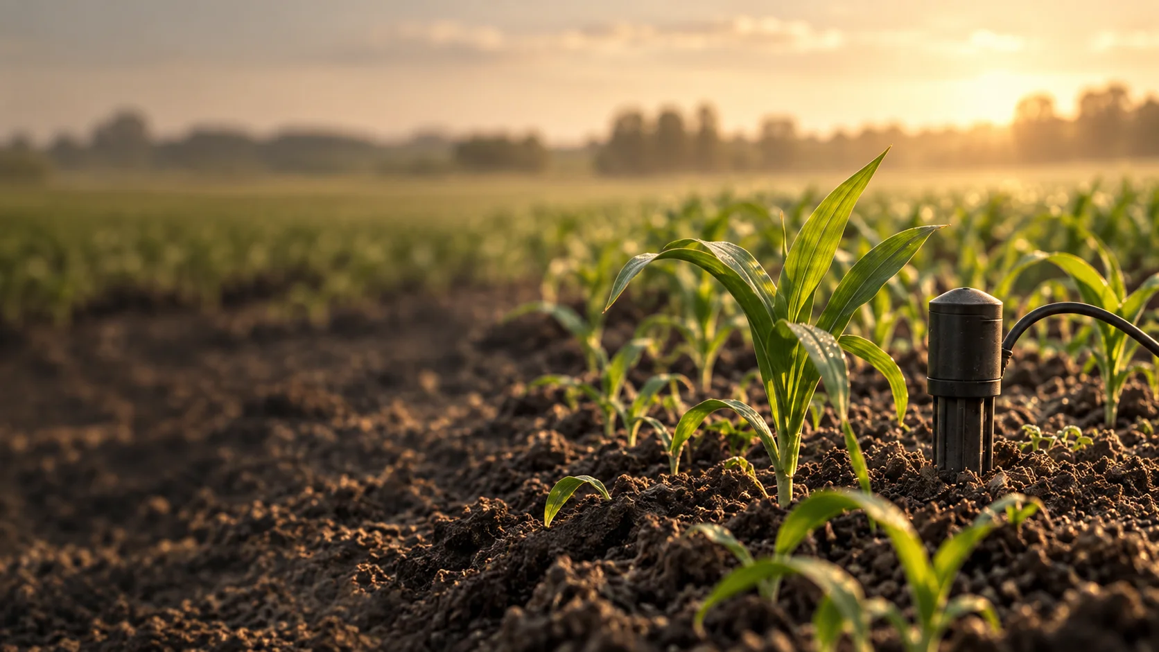 Young plants and a soil sensor in warm morning light